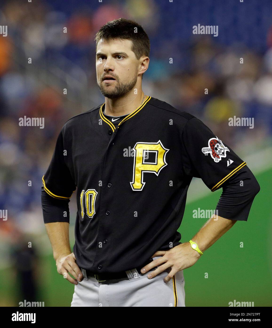 Pittsburgh Pirates' Jordy Mercer is shown between inning during a