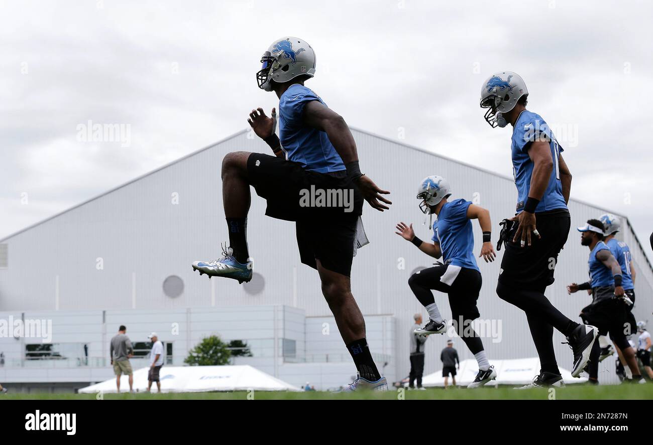 Detroit Lions wide receiver Calvin Johnson catches a ball at the teams NFL  football practice facility in Allen Park, Mich., Thursday, Aug. 1, 2013.  (AP Photo/Paul Sancya Stock Photo - Alamy