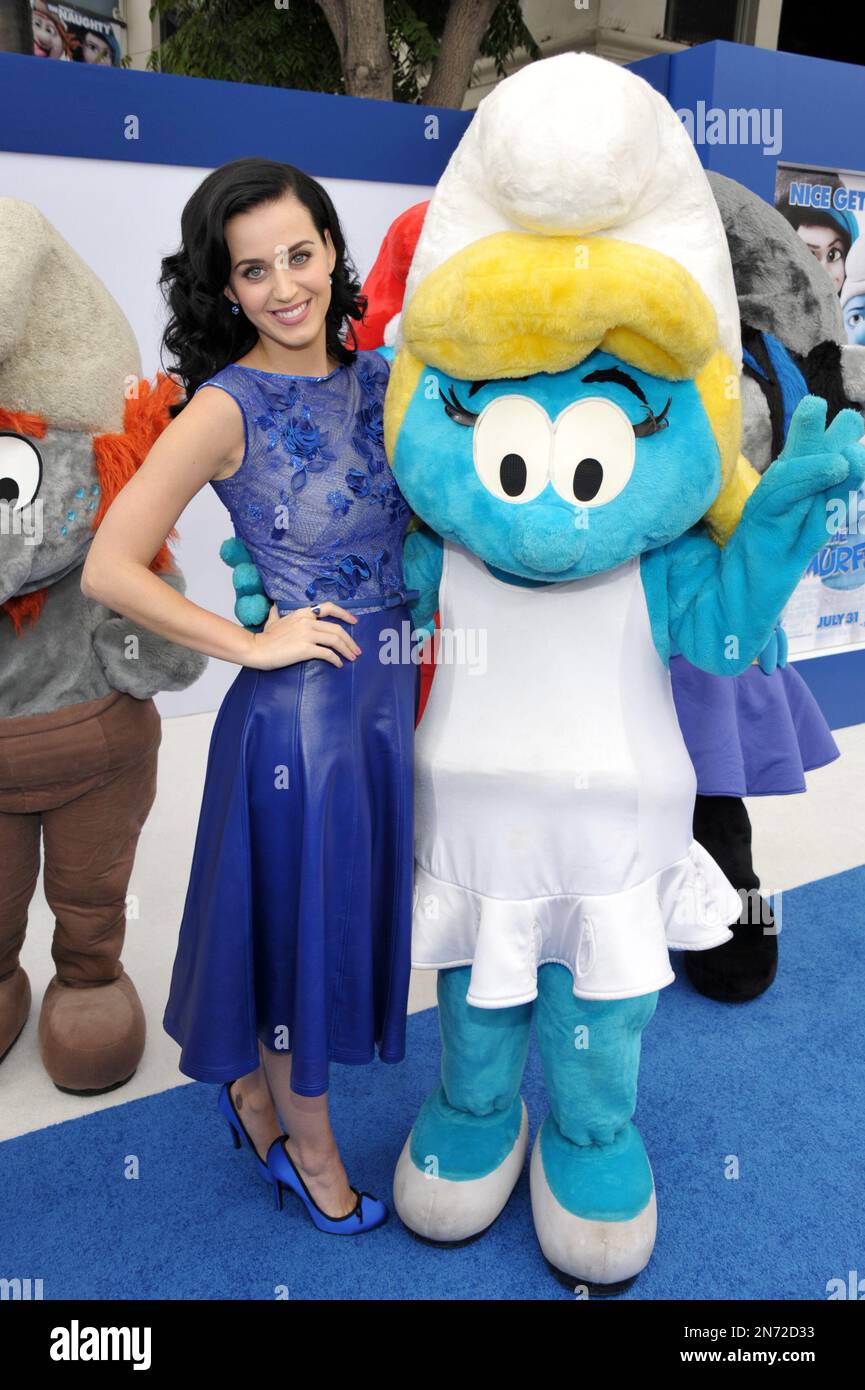 Actress and singer Katy Perry arrives to the world premiere of "The Smurfs 2" at the Regency village Theatre on Sunday, July 28, 2013 in Los Angeles. (Photo by John Shearer/Invision/AP) Stock Photo