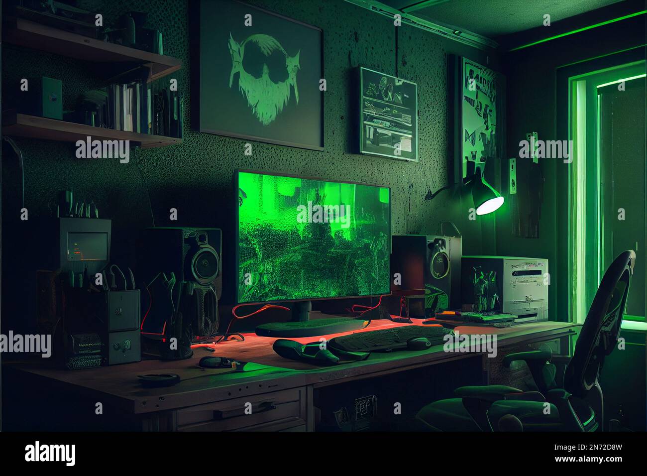 Gaming room with gamer computer and hardware equipment coloured in green  acid neon colour Stock Photo - Alamy