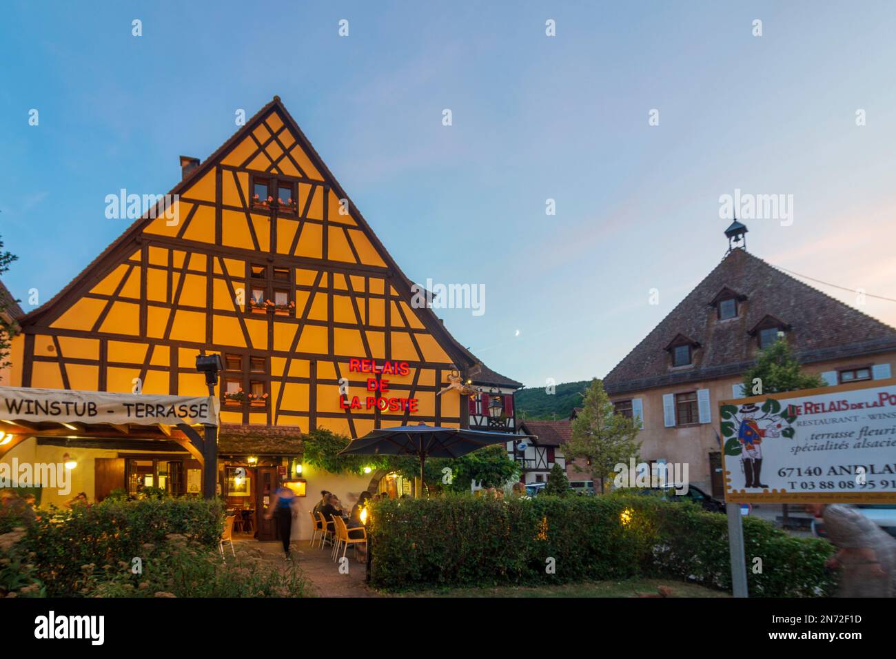 Andlau, restaurant Relais de la Poste, half-timbered house in Alsace (Elsass), Bas-Rhin (Unterelsass), France Stock Photo