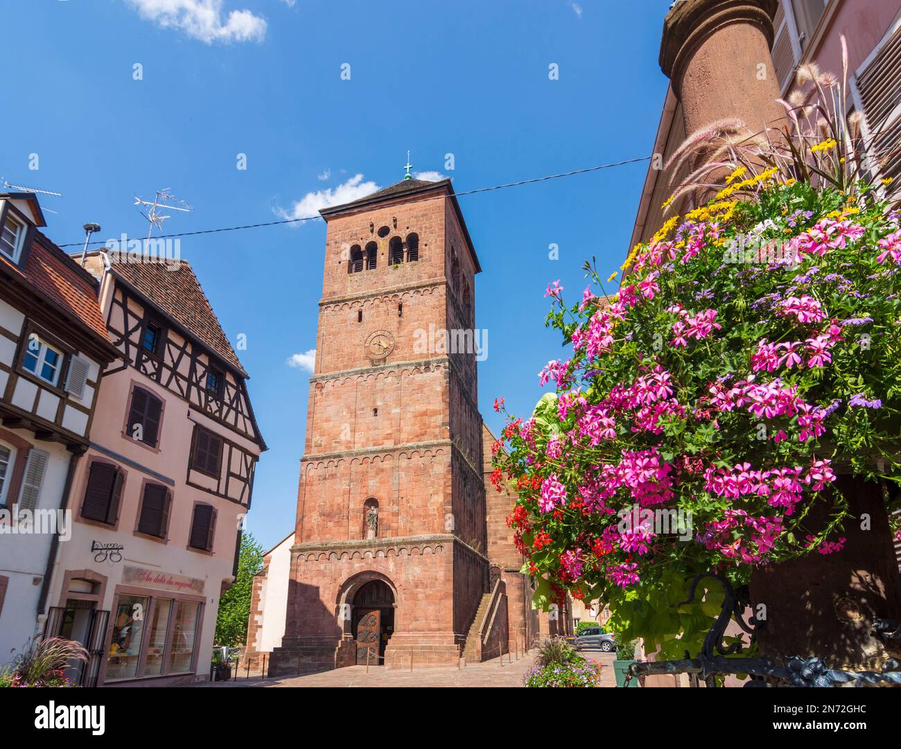 Saverne [Zabern, Zawere), Romanesque west tower of the church 'Eglise-Notre-Dame-de-la-Nativité' in Alsace (Elsass), Bas-Rhin (Unterelsass), France Stock Photo