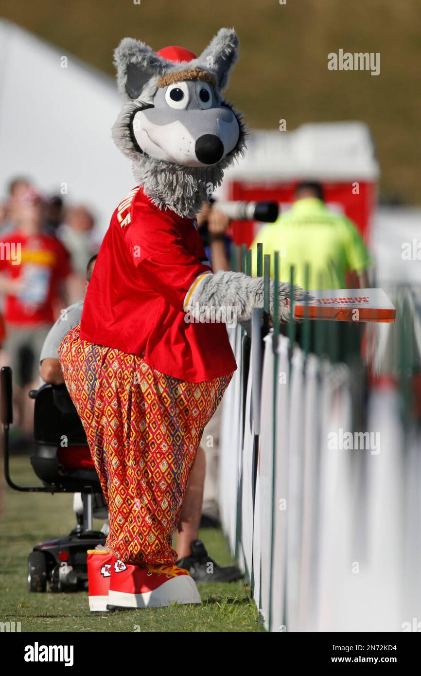 Kansas City Chiefs mascot KC Wolf during NFL football training camp in St. Joseph, Mo., Saturday