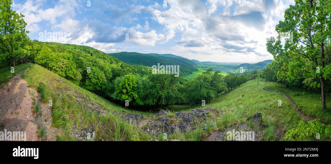Plavecke Podhradie (Blasenstein, Plasenstein), view to village Plavecky Mikulas (Blasenstein-Sankt Nikolaus), mountain Male Karpaty (Little Carpathians) in Male Karpaty (Little Carpathians), Slovakia Stock Photo