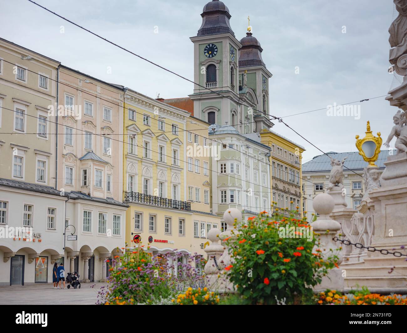 Linz, Austria - August 6, 2022: Hauptplatz or main square in centre of