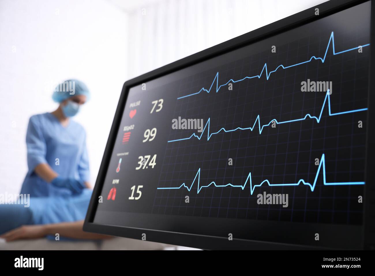 Cardiogram and data on display of heart rate monitor in clinic Stock ...