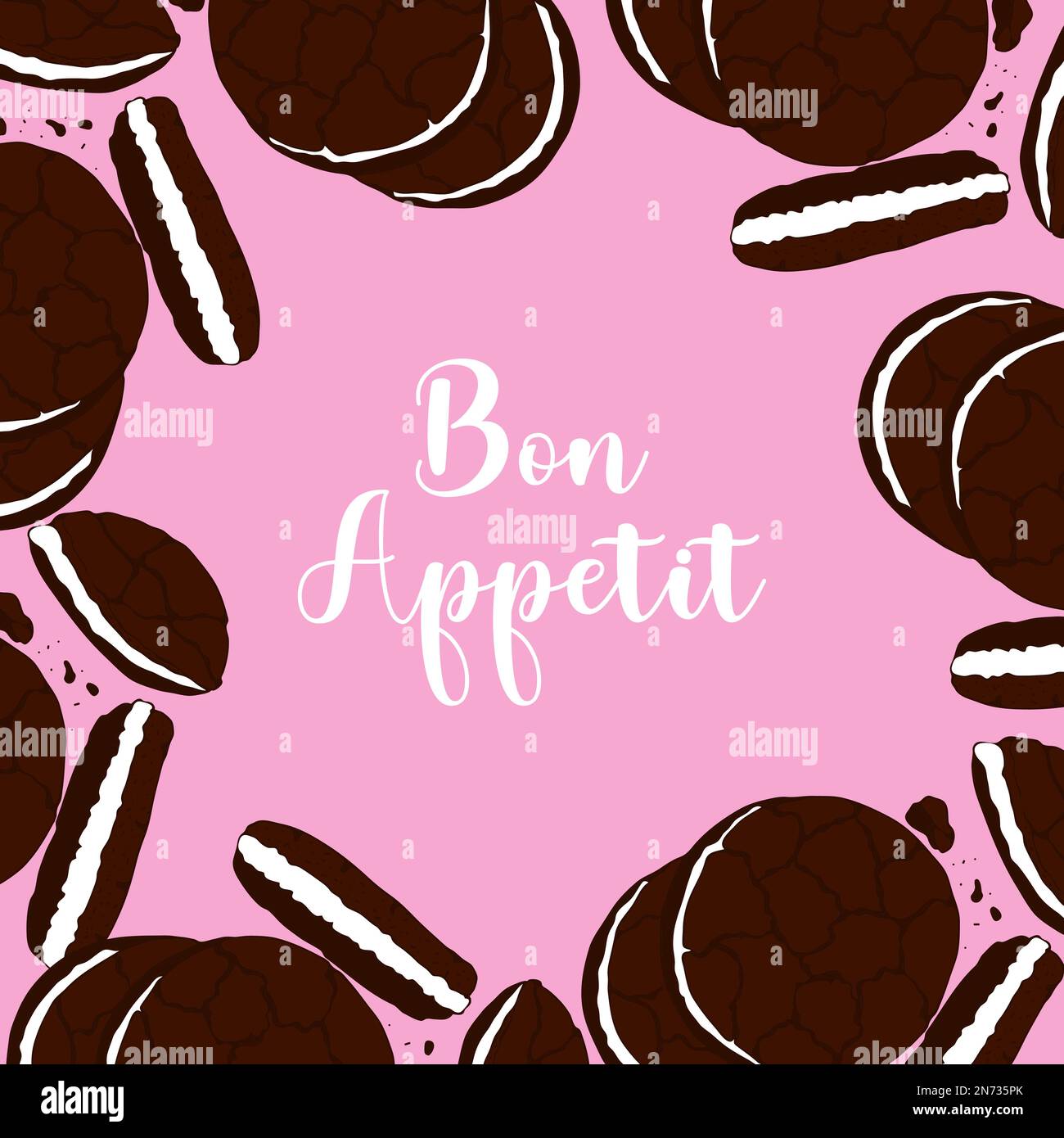 Bon Appetit banner , chocolate cookie, pink background. Vector ...