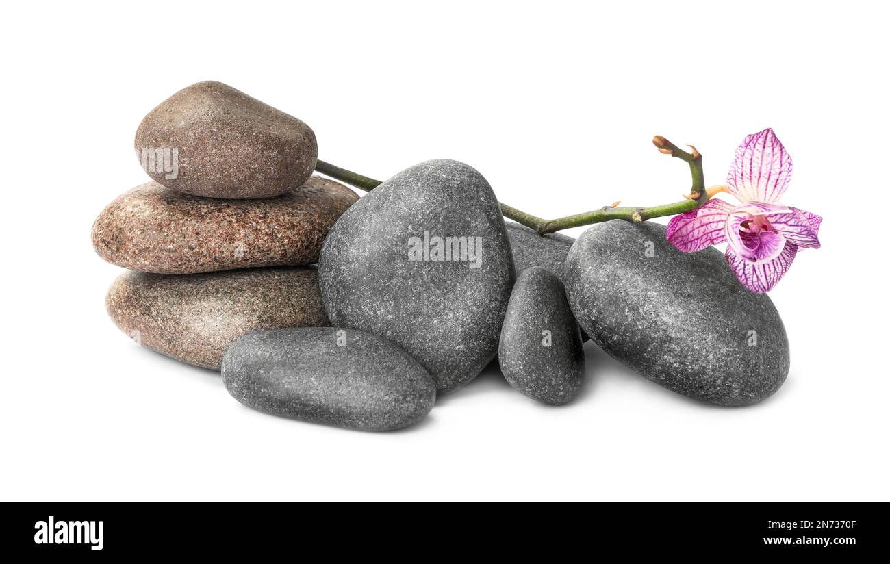 Spa stones and orchid flower on white background Stock Photo