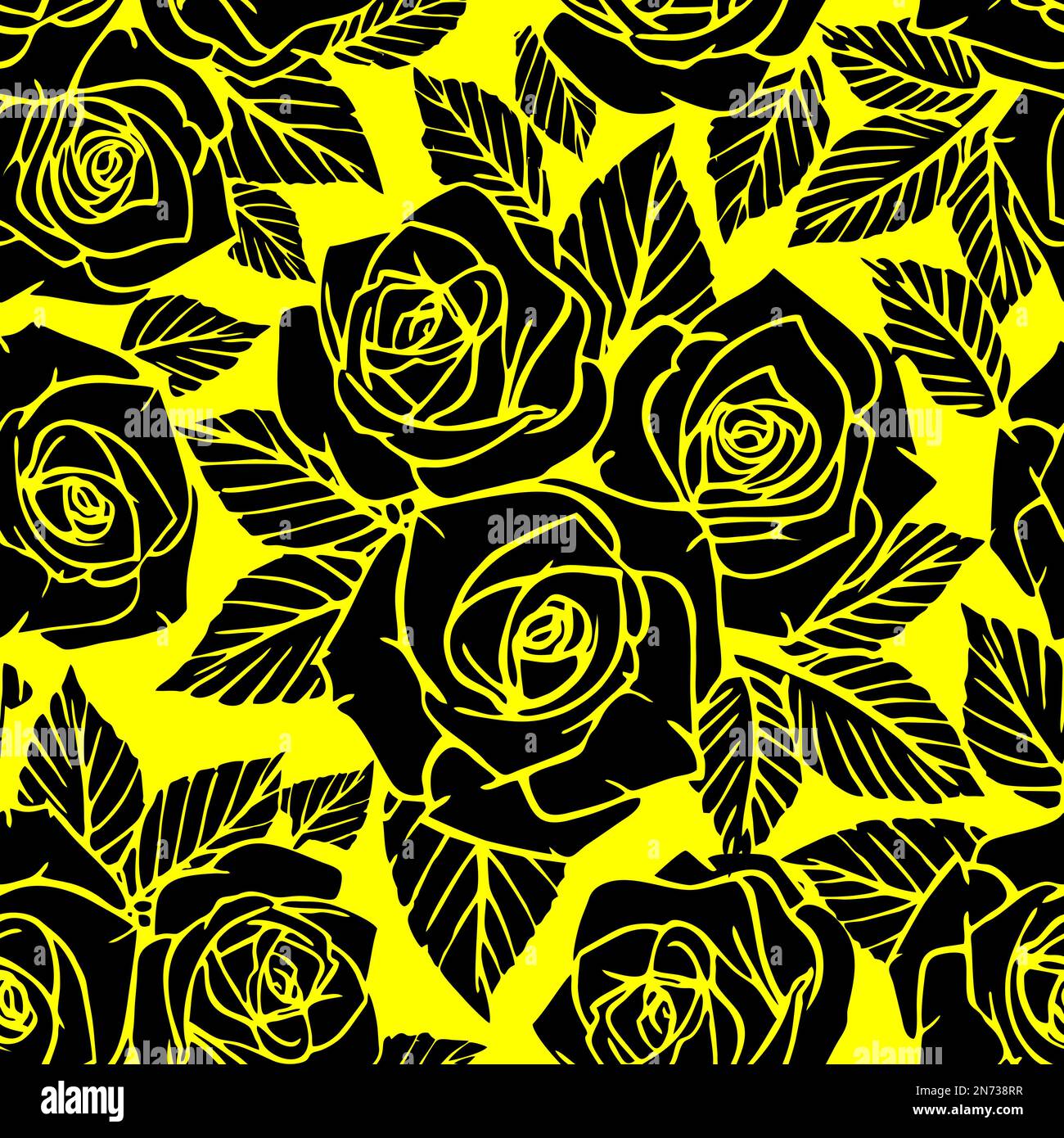 seamless black asymmetric pattern of rose contours on a yellow ...
