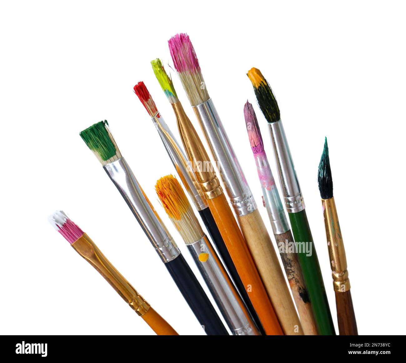 Different brushes with paints on white background Stock Photo Alamy