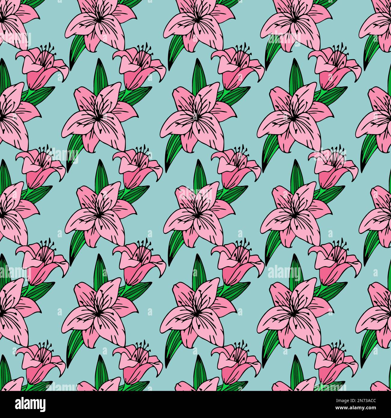 seamless repeating pattern of large pink lily flowers on a light blue background, texture, design Stock Photo
