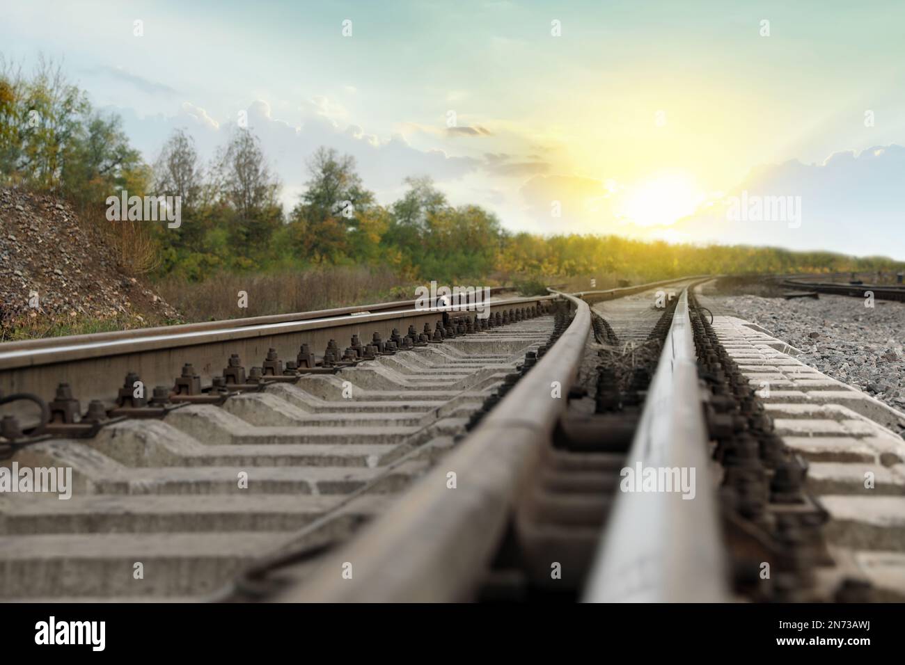 Railway lines with track ballast in countryside, closeup. Train journey Stock Photo Alamy
