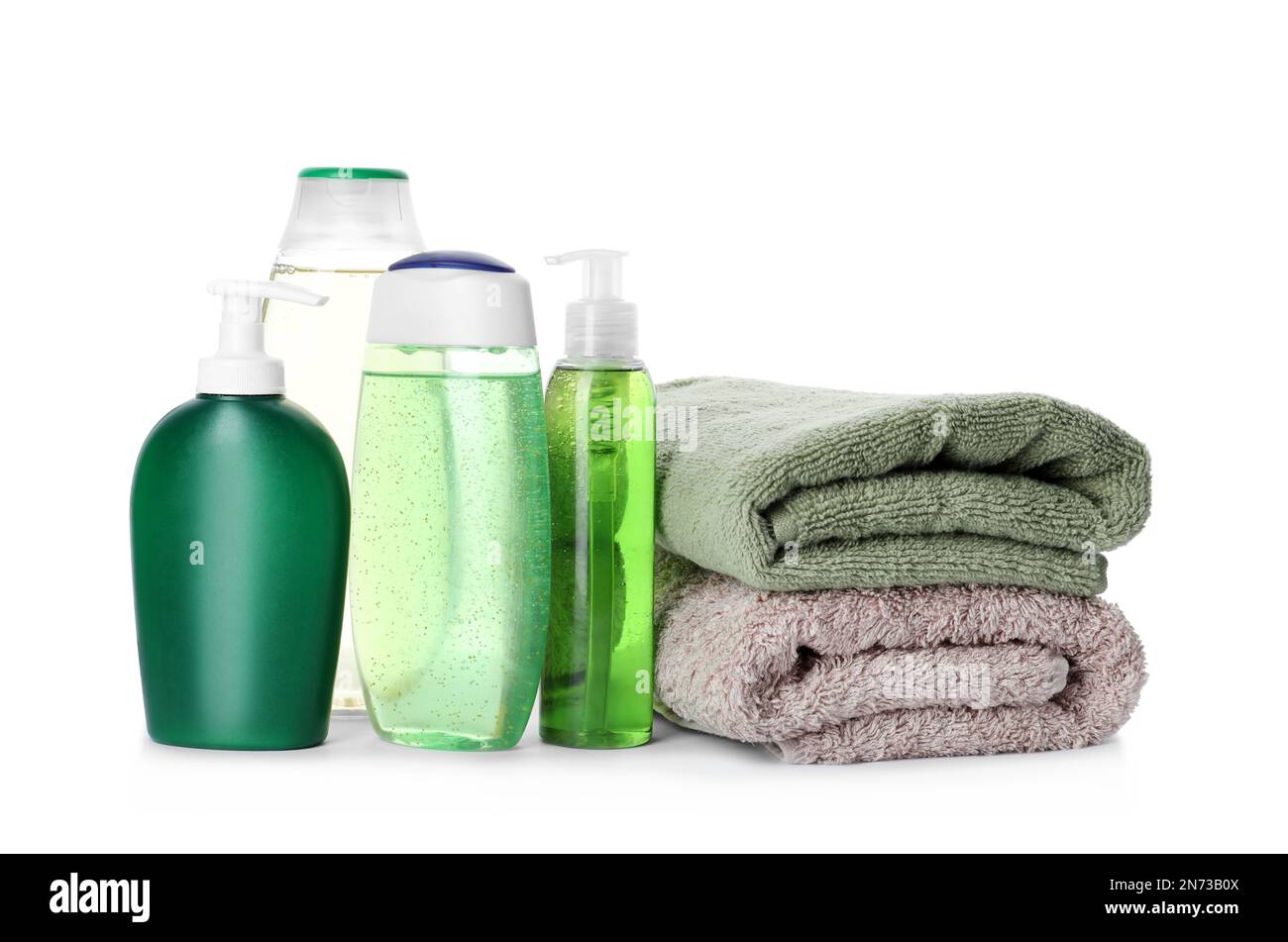 Personal hygiene products and towels on white background Stock Photo
