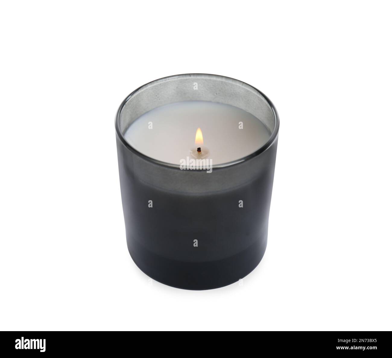 Burning wax candle in holder on white background Stock Photo Alamy