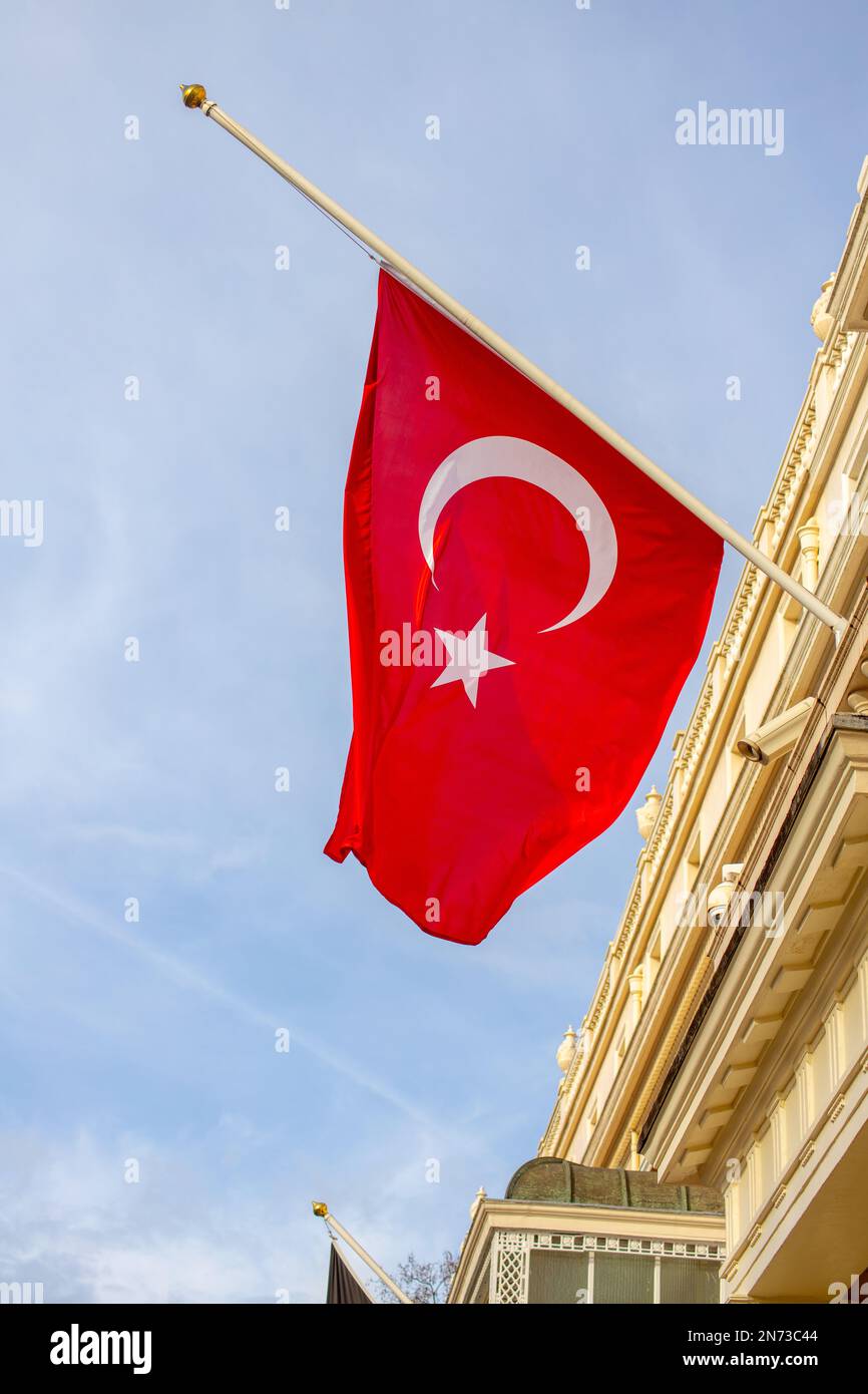 London, UK Feb 10, 2023 Turkey’s flag halfmast at Turkey’s Embassy