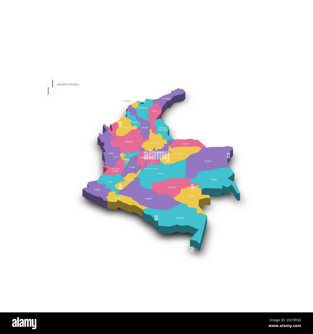 Colombia political map of administrative divisions - departments and capital district. Colorful 3D vector map with dropped shadow and country name labels. Stock Vector