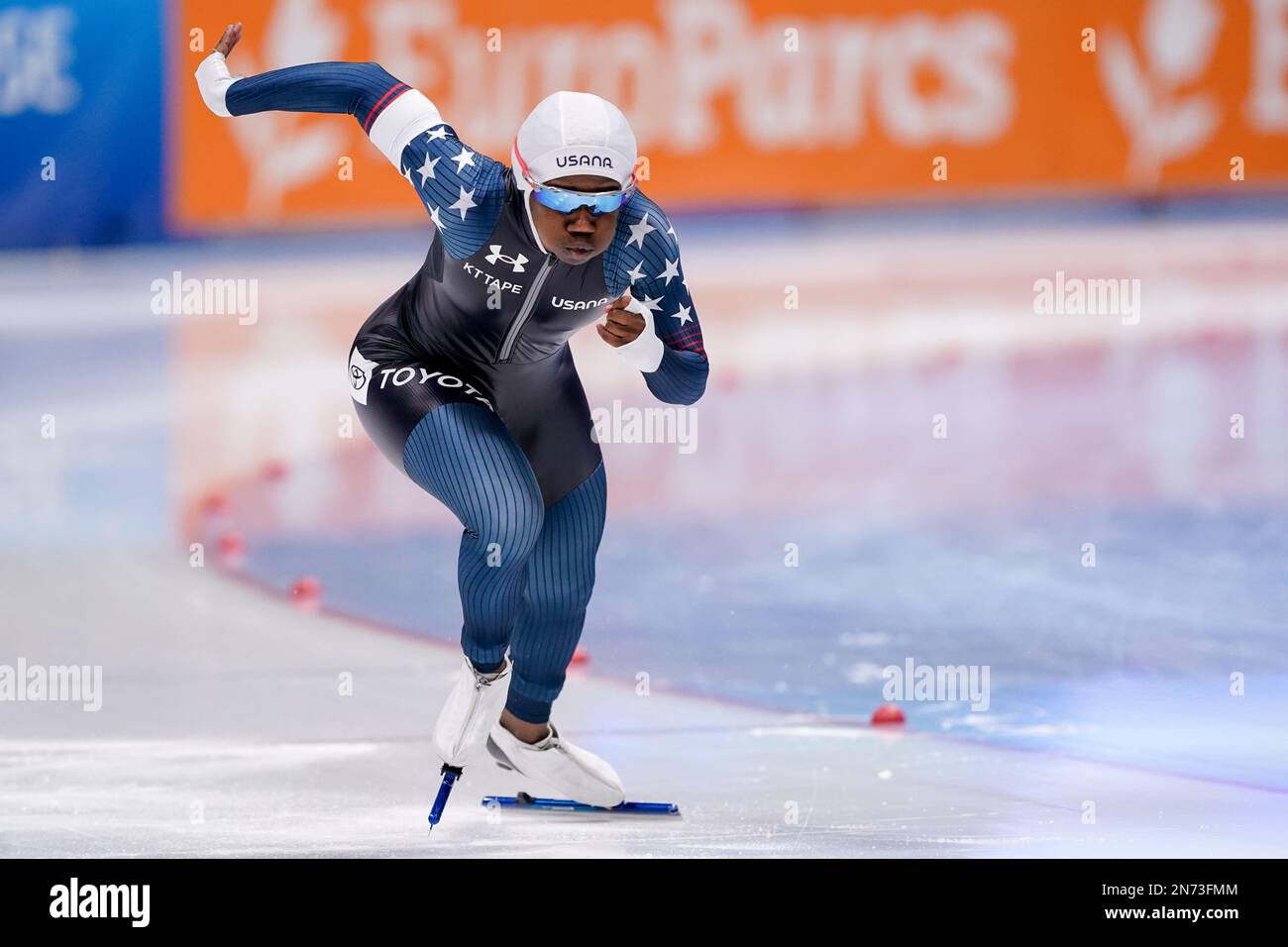 TOMASZOW MAZOWIECKI, POLAND - FEBRUARY 10: Erin Jackson  of United States of America competing on the Women's A Group 500m during the ISU Speed Skating World Cup 5 on February 10, 2023 in Tomaszow Mazowiecki, Poland (Photo by Andre Weening/Orange Pictures) Stock Photo