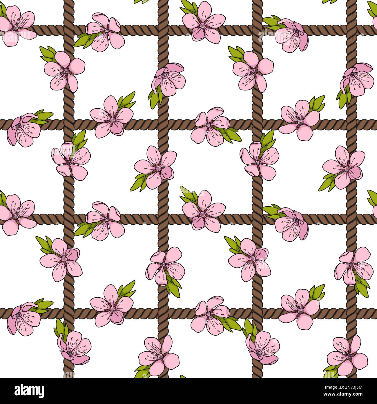 Seamless pattern with net of the cord and pink spring flowers. Colored vector background with objects on white. Stock Vector