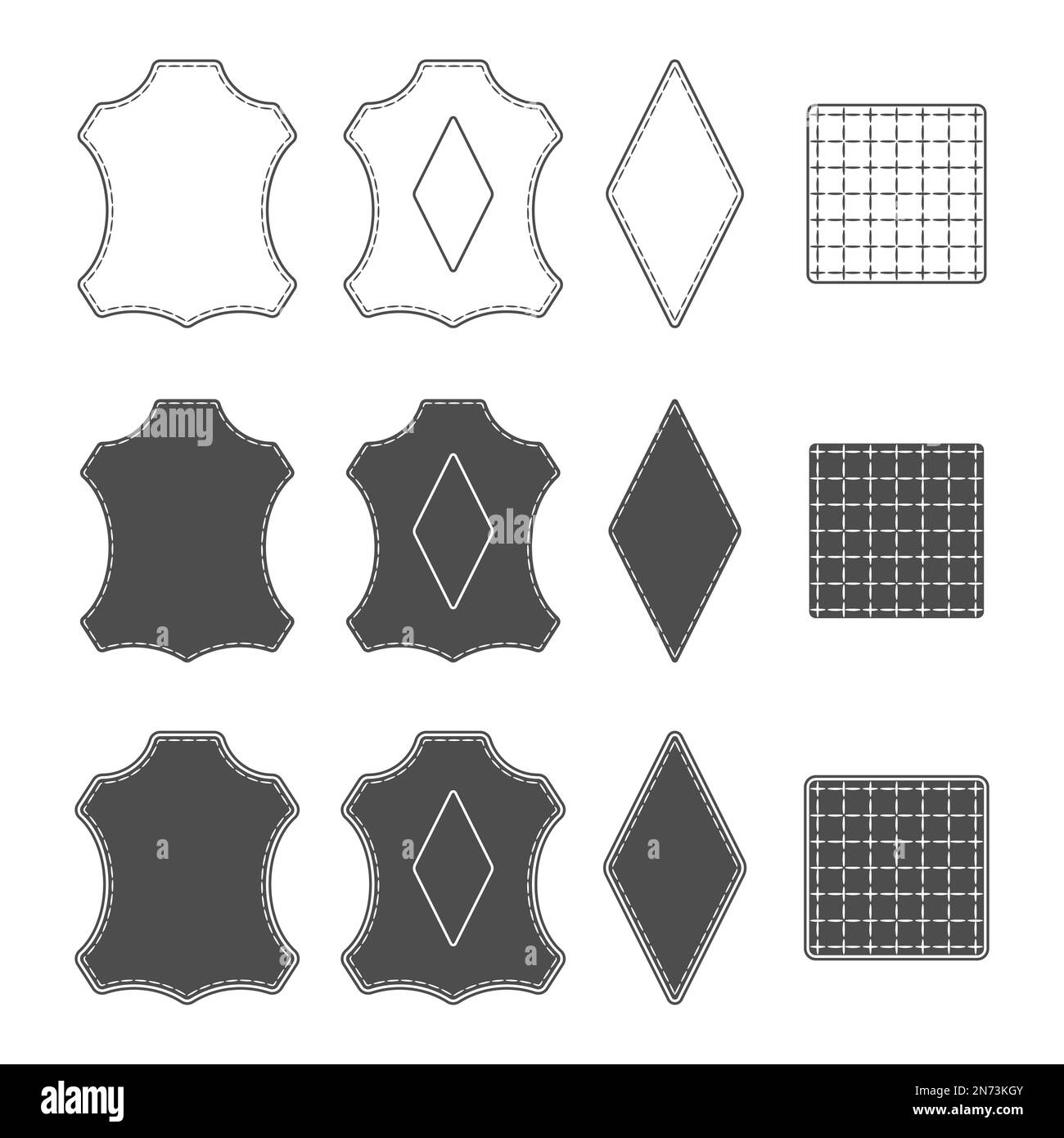 Set of black and white illustration with sign of genuine leather, textiles, other materials. Isolated vector objects on a white background. Stock Vector