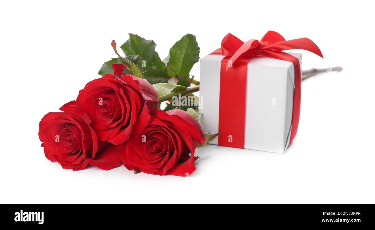 Beautiful red roses and gift box on white background. St. Valentine's ...