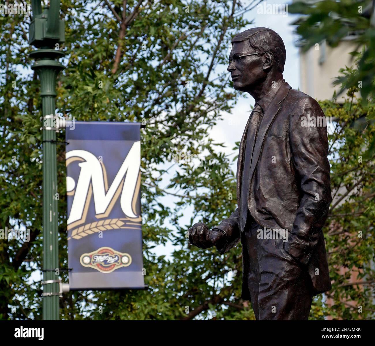A statue of Major League Baseball Commissioner Bud Selig is displayed