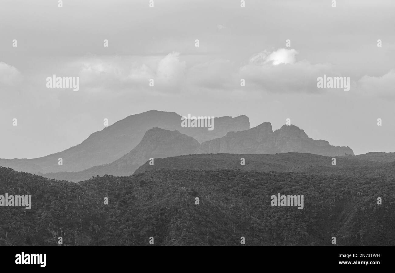 Panoramic view of Black River Gorges National Park, Gorges Viewpoint in Mauritius. It covers an area of 67.54 km including humid upland forest, drier lowland forest and marshy heathland. Stock Photo