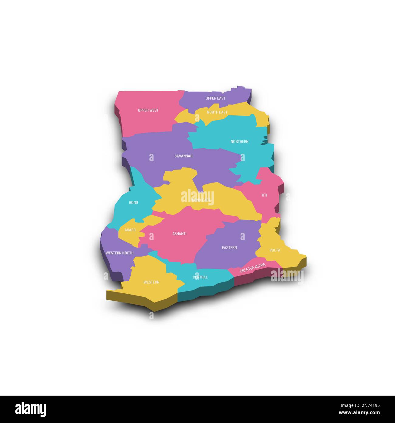Ghana political map of administrative divisions regions. Colorful 3D