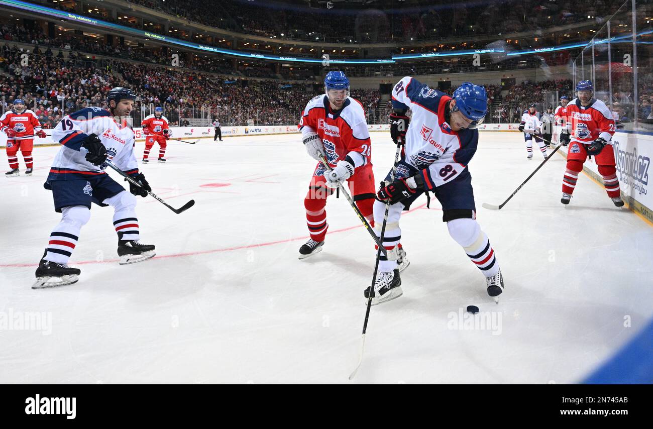 Prague, Czech Republic. 10th Feb, 2023. (L-R) Rastislav Pavlikovsky of Slovakia, Patrik Elias of Czech Republic, Marian Hossa of Slovakia and Vaclav Varada of Czech Republic in action during the hockey match of legends Czech Republic vs Slovakia in Prague, Czech Republic, February 10, 2023. The match is part of the celebration of the 25th anniversary of the Czech team's victory at the 1998 Winter Olympic Games in Nagano. Credit: Michal Kamaryt/CTK Photo/Alamy Live News Stock Photo