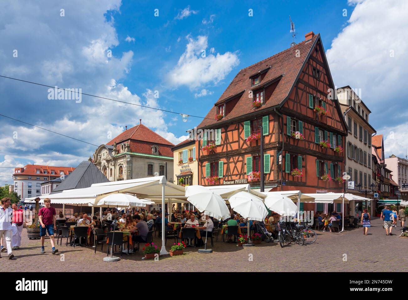 Colmar (Colmer, Kolmar), restaurant Pfeffel at square Place d'Unterlinden, half-timbered house, Old Town in Alsace (Elsass), Haut-Rhin (Oberelsass), France Stock Photo