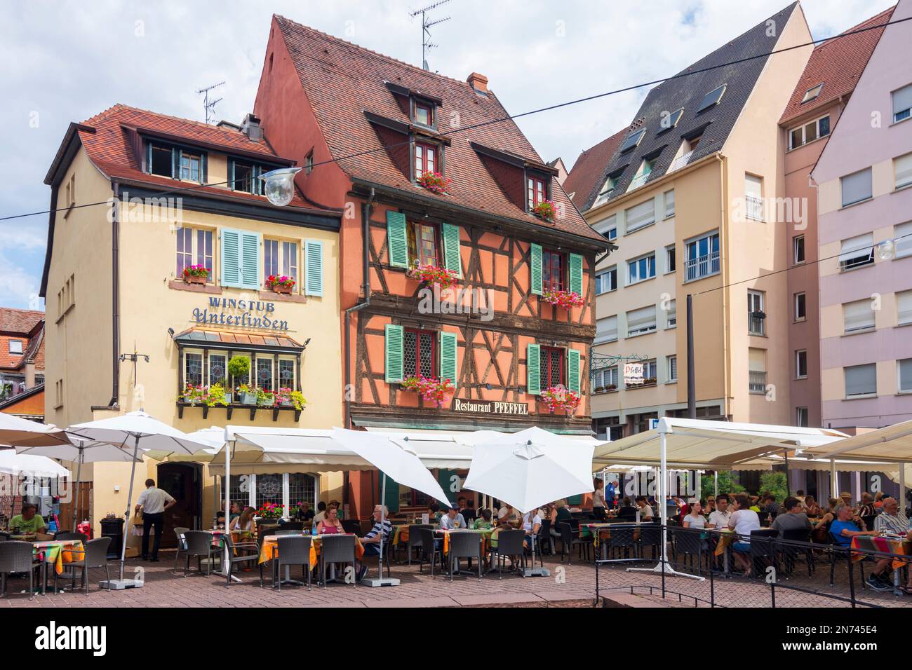 Colmar (Colmer, Kolmar), restaurant Pfeffel at square Place d'Unterlinden, half-timbered house, Old Town in Alsace (Elsass), Haut-Rhin (Oberelsass), France Stock Photo
