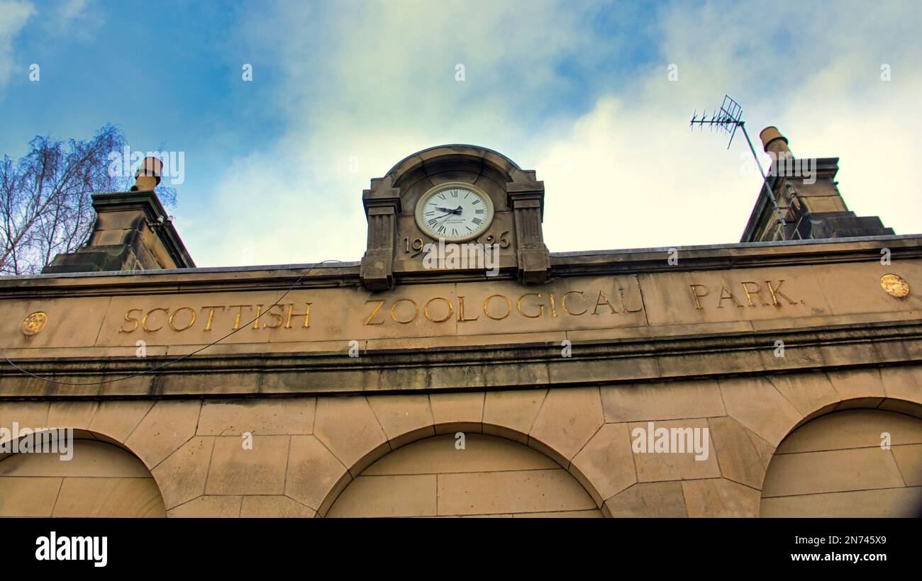 historic entrance to Scottish Zoological Park now Edinburgh zoo with vintage clock  on costorphine road Stock Photo