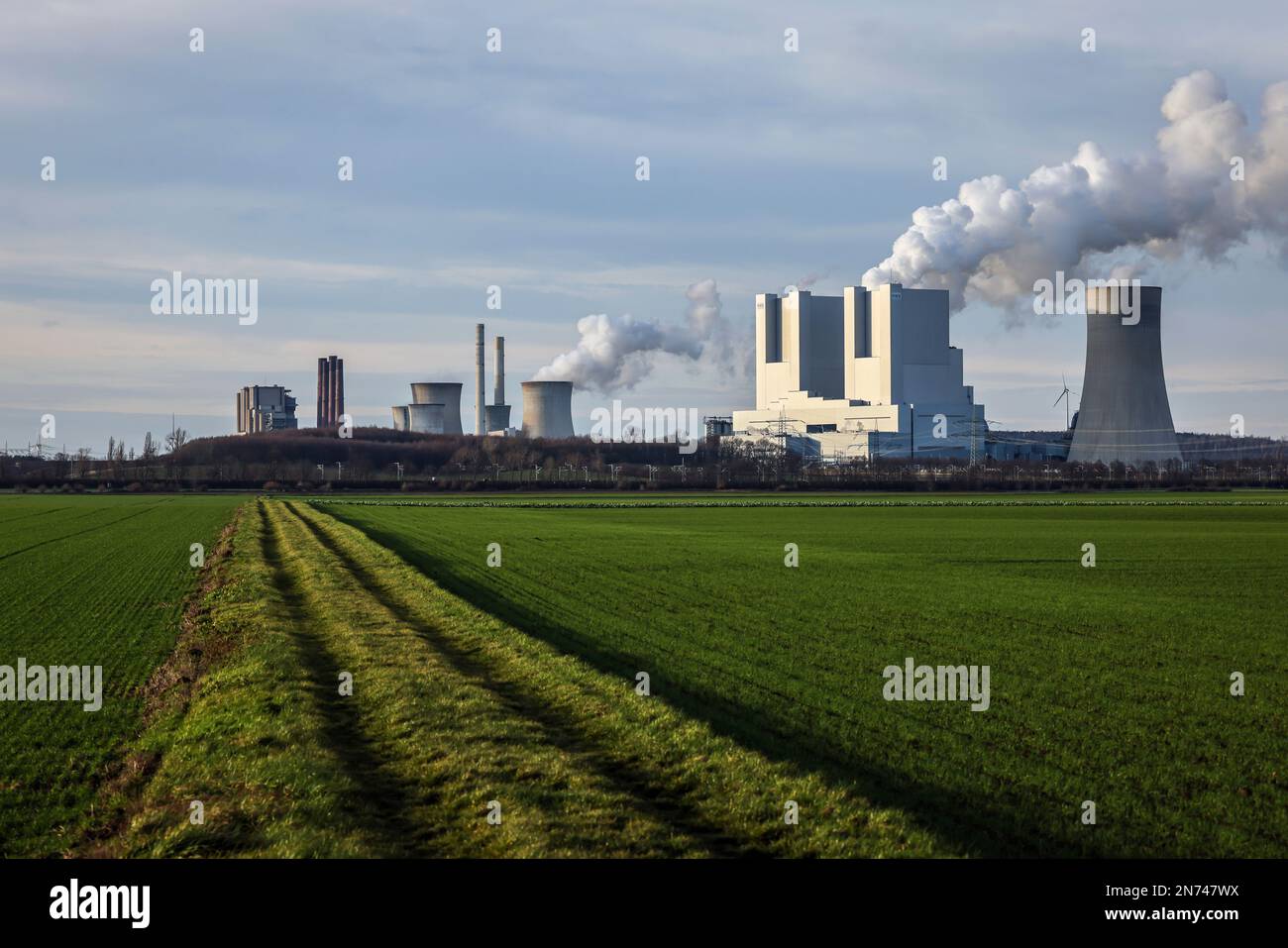 Grevenbroich, North Rhine-Westphalia, Germany - RWE Power AG Neurath power plant, lignite-fired power plant at RWE's Garzweiler opencast lignite mine, Stock Photo