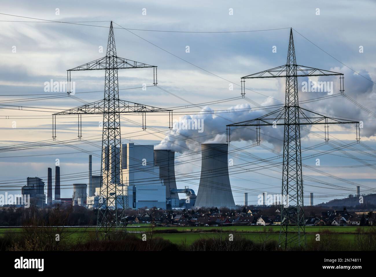 Grevenbroich, North Rhine-Westphalia, Germany - RWE Power AG Neurath power plant, lignite-fired power plant at RWE's Garzweiler opencast lignite mine, Stock Photo