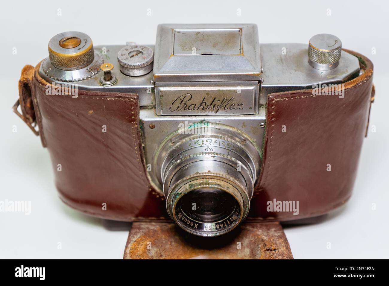 A Vintage Film Camera made in Germany by Praktiflex isolated on a white