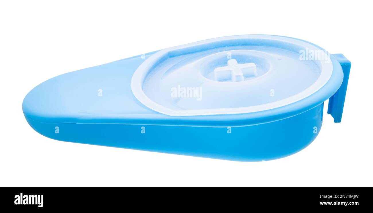 side view of closed blue plastic fracture bedpan isolated on white