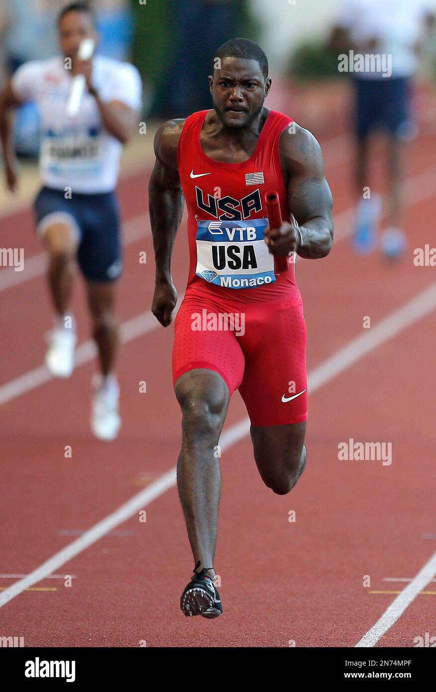 Justin Gatlin of USA wins the 4x100 relay men race at the Herculis