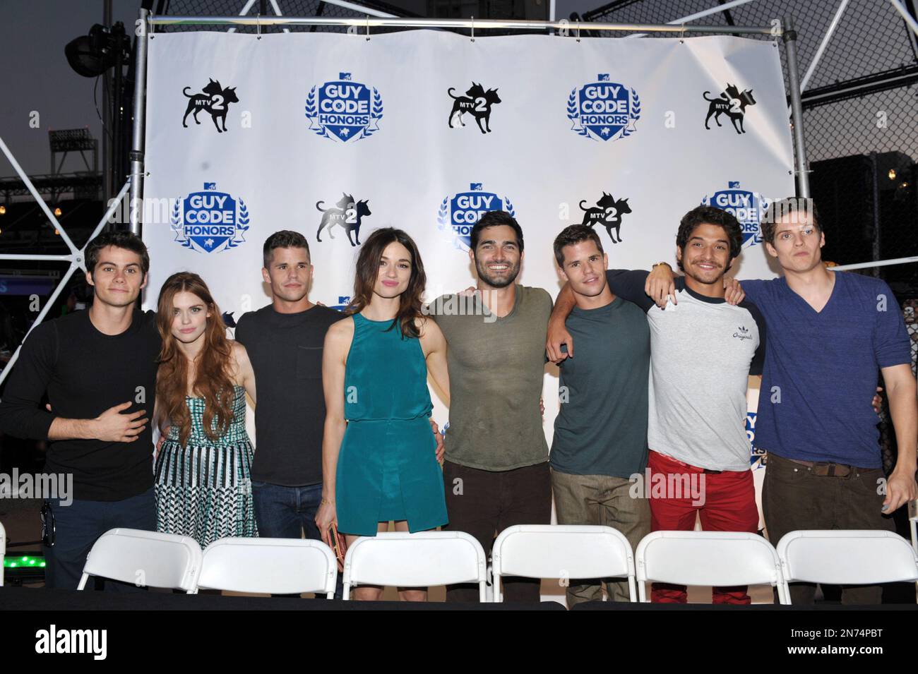 Cast of 'Teen Wolf' from left, Dylan O'Brien, Holland Roden, Charlie  Carver, Crystal Reed, Tyler Hoechlin, Max Carver, Tyler Posey and Daniel  Sharman attend MTV2's Party in the Park on Day 2, image size:1300x955
