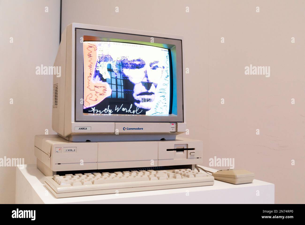 Venaria Reale, Italy - October 2022: Computer Commodore Amiga 1000 with floppy disk, mouse, beige Stock Photo