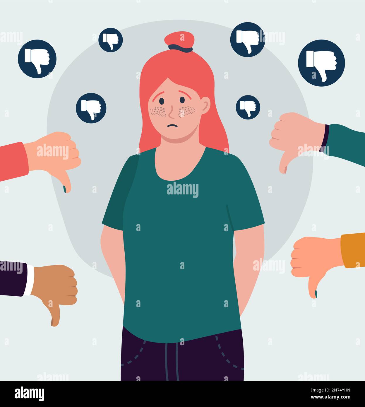 Sad Girl Surrounded By Hands With Thumbs Down. Social Disapproval