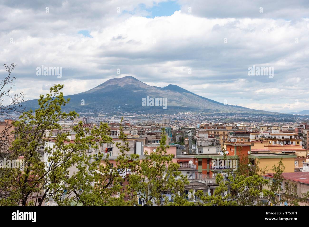 Panoramic view of mount Vesuvius, the cities of Stabia and Pompeii in front, Southern Italy Stock Photo