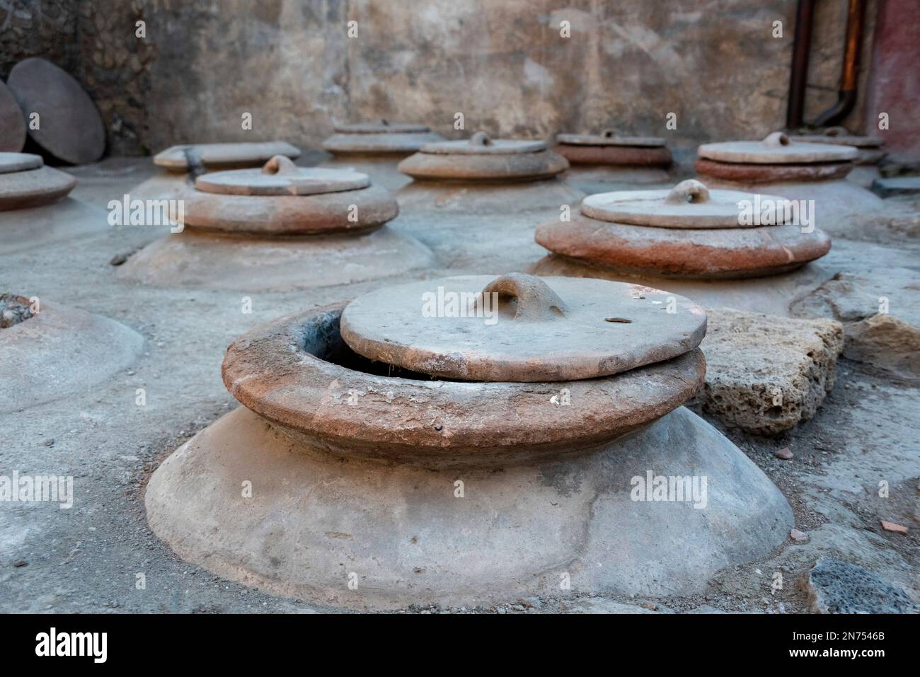 Boscoreale, Italy, Preserved ancient storage vessels in the Roman villa Regina, Southern Italy Stock Photo