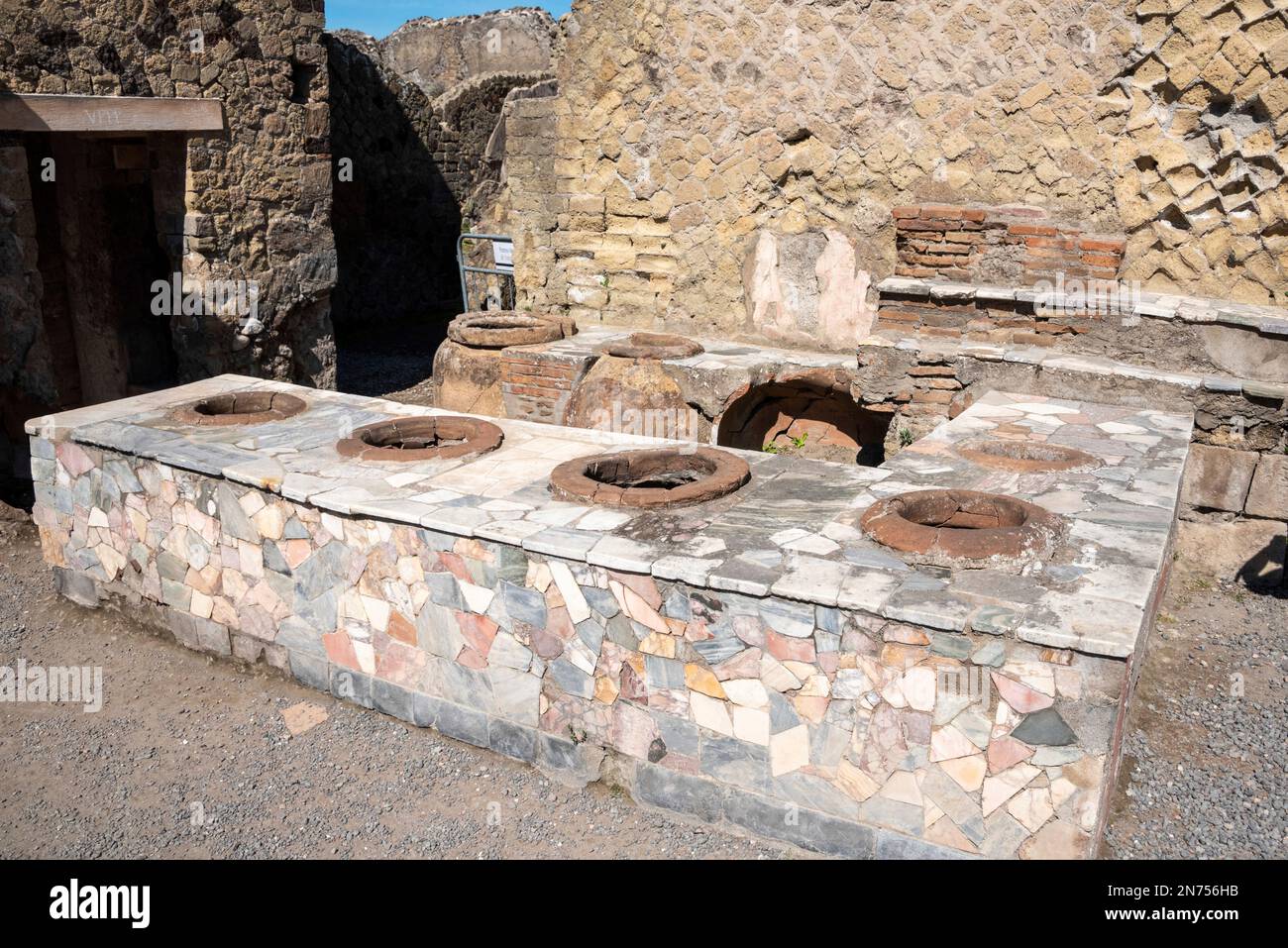 Traditional Thermopolium, an ancient restaurant in the town of Herculaneum, Southern Italy Stock Photo