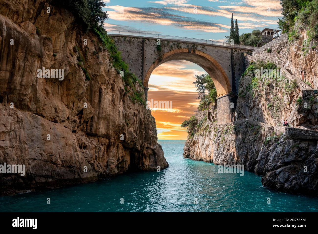 Scenic arch bridge at the Fjord of Fury, Amalfi Coast of Southern Italy Stock Photo