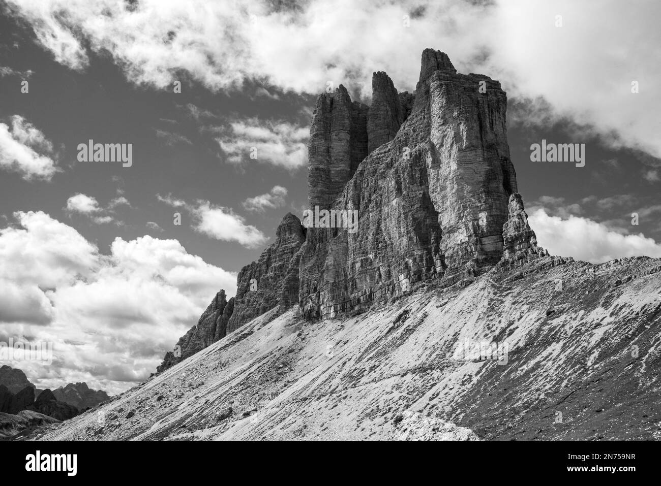 Scenic wild alpine landscape around the 3 Zinnen mountains, the