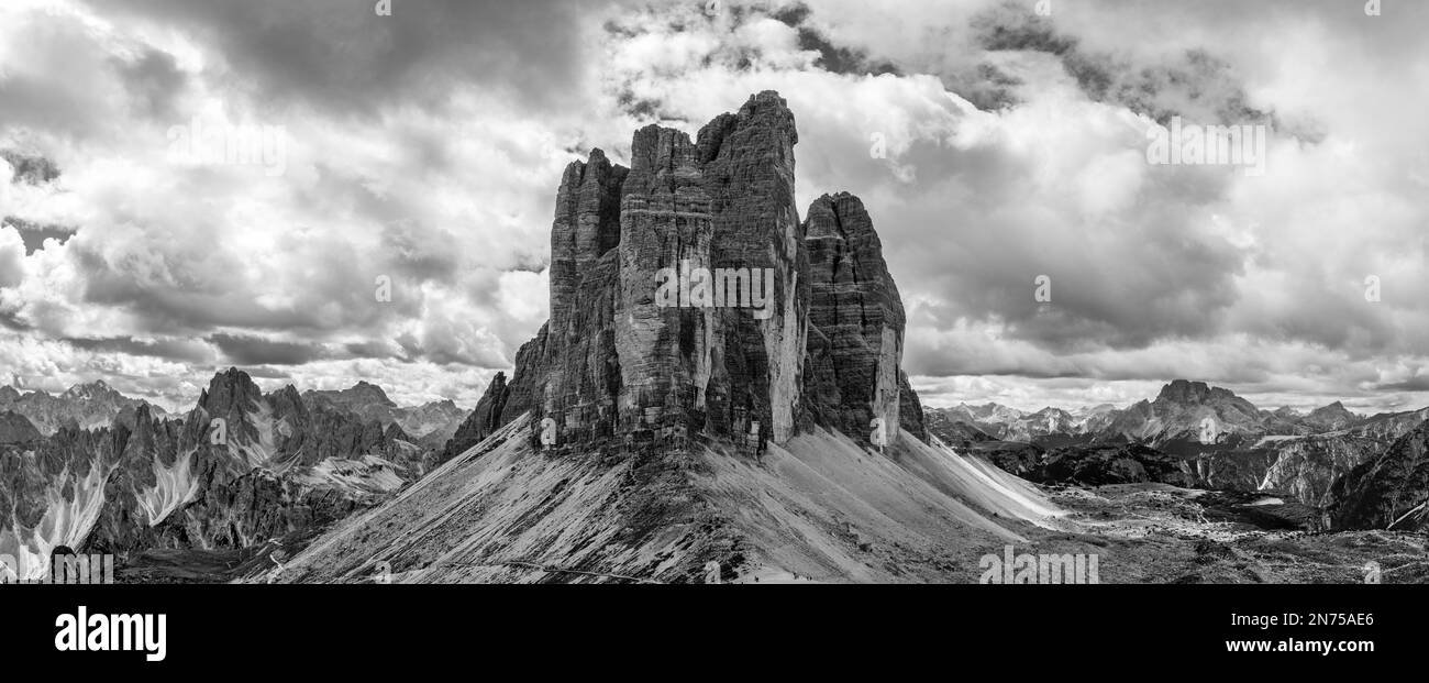 Scenic view of the famous 3 Zinnen mountains seen from the east side, the Dolomites Nature Park in South Tirol Stock Photo