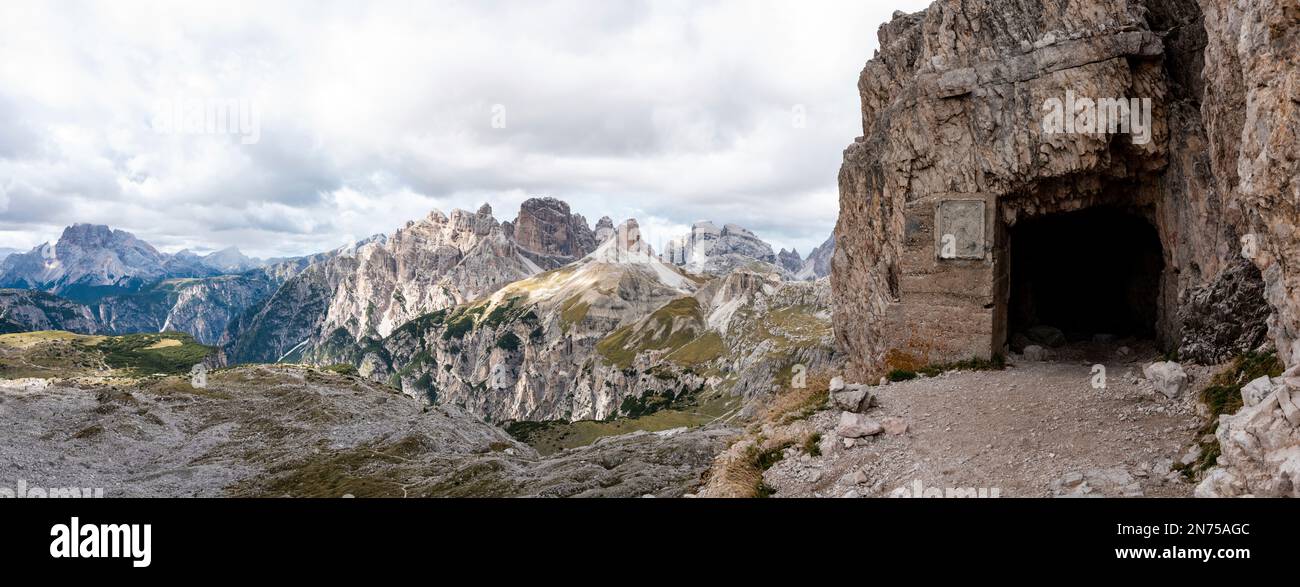 An old fortress entrance in the Dolomites near the 3 Zinnen mountains, remains of the World War I and the Austro-Italian frontline Stock Photo