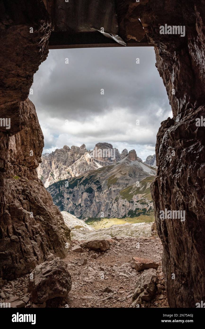View through an old embrasure in an alpine fortress of the World War I ...