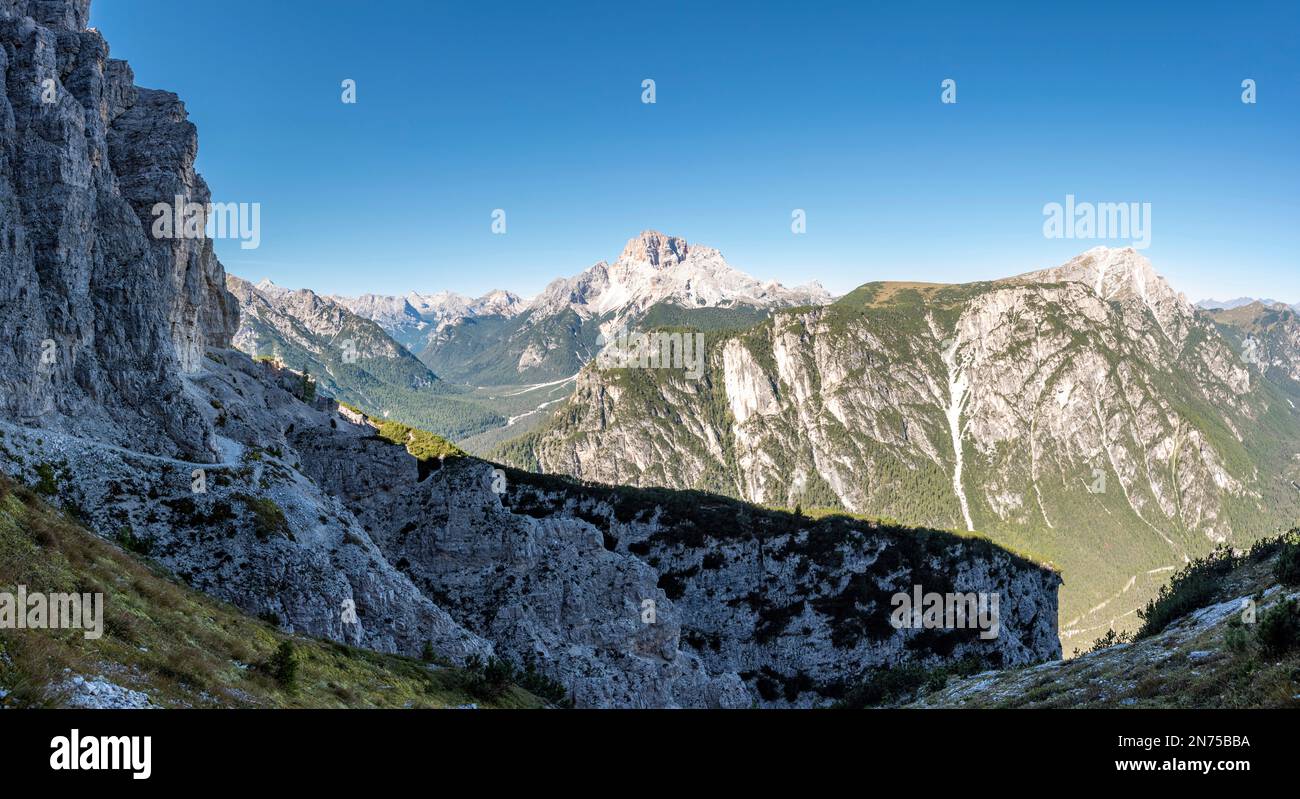 River Rienz Magnificent panoramic view on the Rienz valley in the Dolomite Alps ...