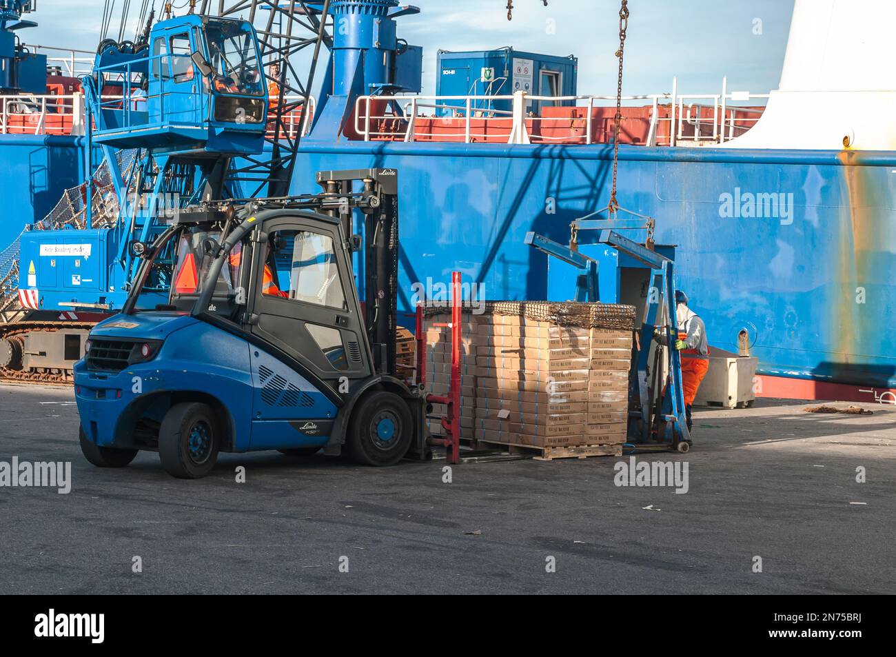 deep frozen packed fish from the loading area of a fishing trawler is moved with a forklift Stock Photo