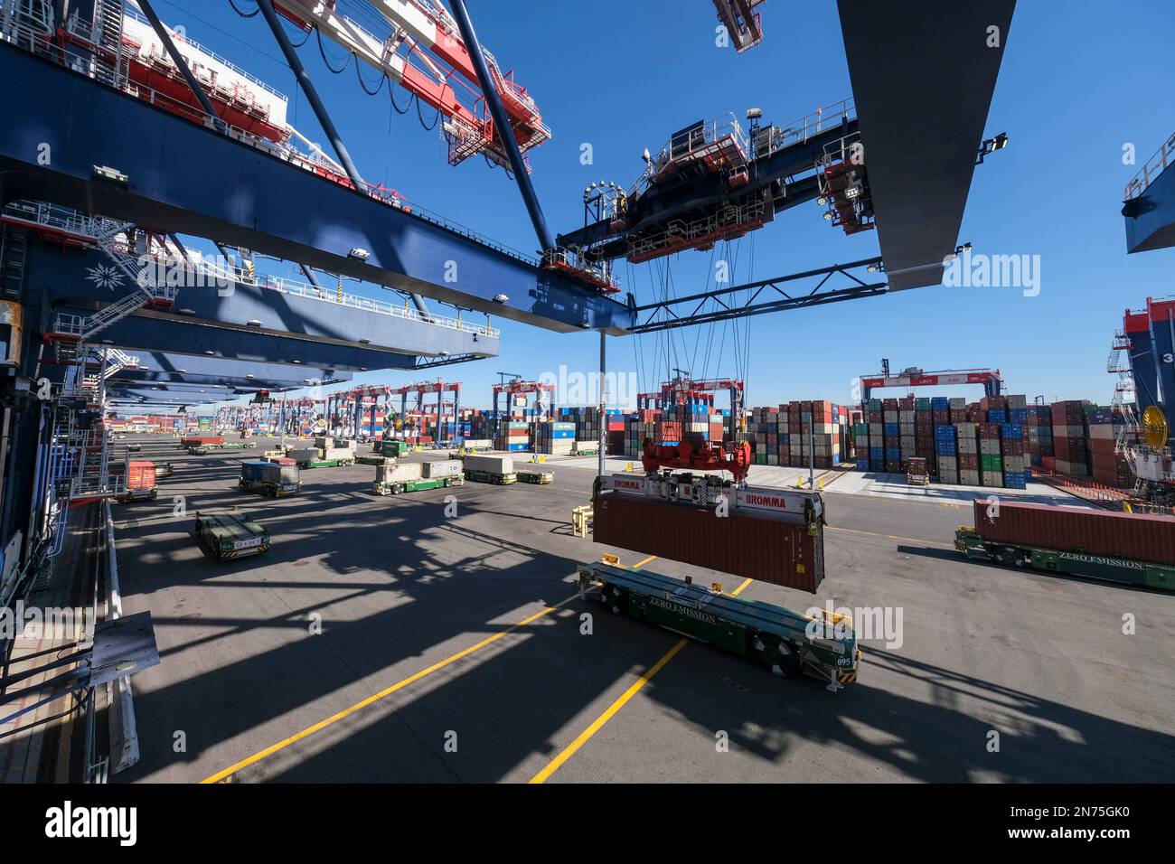 Los Angeles, California, USA. 9th Feb, 2023. Computer-controlled cargo cranes rapidly lift containers from ships to zero emission Automated Guide Vehicles at the Long Beach Container Terminal (LBCT) in the Port of Long Beach on Thursday, Feb. 9, 2023 in Long Beach, California, U.S. The LBCT $2.5 billion investment that has enabled one of the world's top port terminal operators to significantly reduce emissions and have 'net zero'' within its grasp. This tour will also reveal for the first time more details of a $30 million project at LBCT to deploy zero-emission cargo handlin Stock Photo